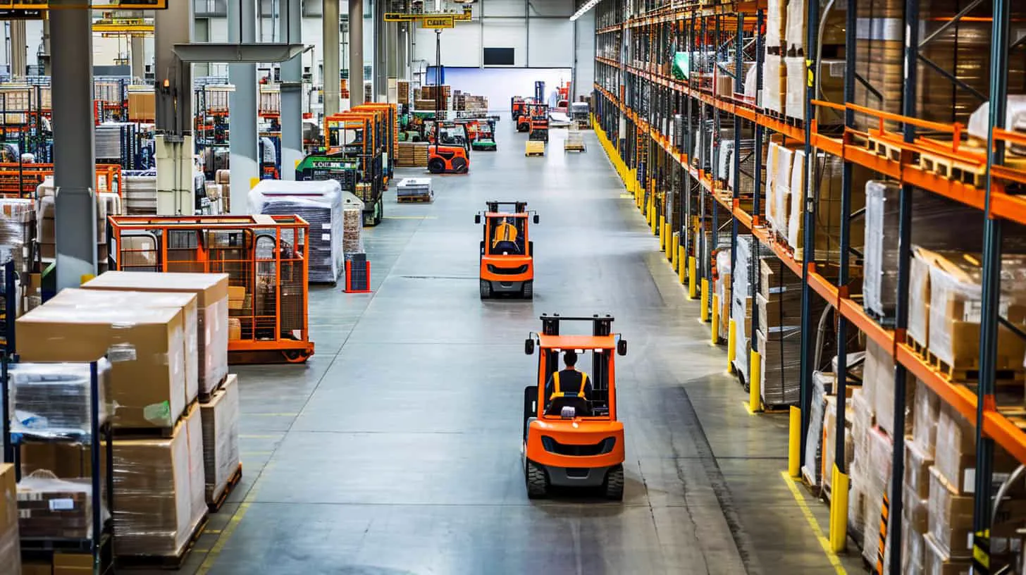 Heftrucks rijden door een magazijn